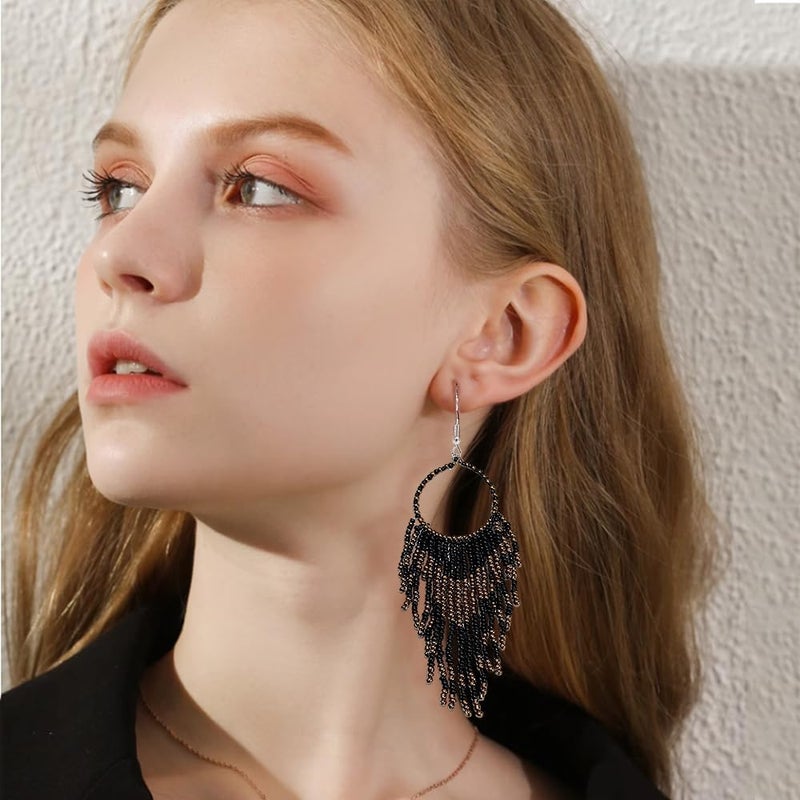 Dtja Boho Long Fringe Drop Dangle Statement Earrings for Women Girls Hademade Ball Beads Hoop Tassel Chain Woven Dangling Hook Chandelier Tribal Exaggerated Dream-catcher Jewelry - Image 2